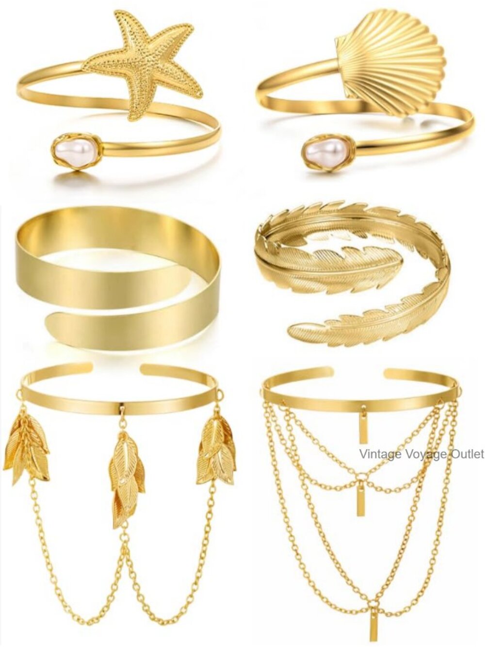 6Pc Gold Arm Cuff Bracelet Set Adjustable Upper Arm Bangles